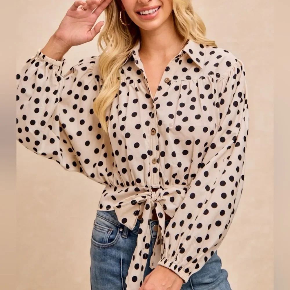BiBi Polka Dot Bow Tie Hem Crop Shirt Retro Button-Up Blouse sz XL